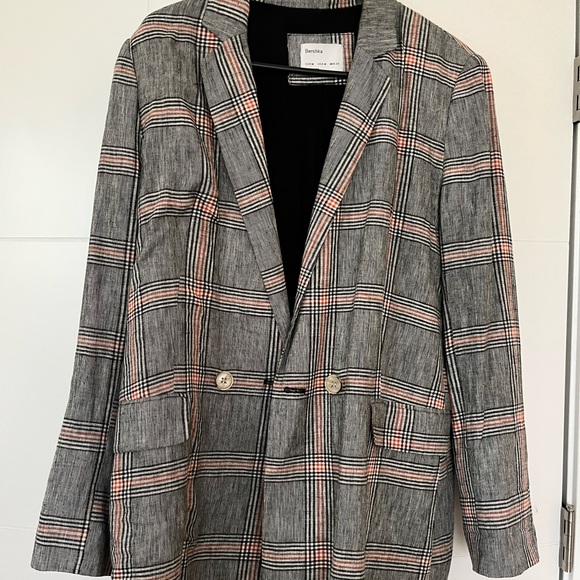 Medium Bershka double breasted checkered oversized linen blend blazer - Picture 2 of 5
